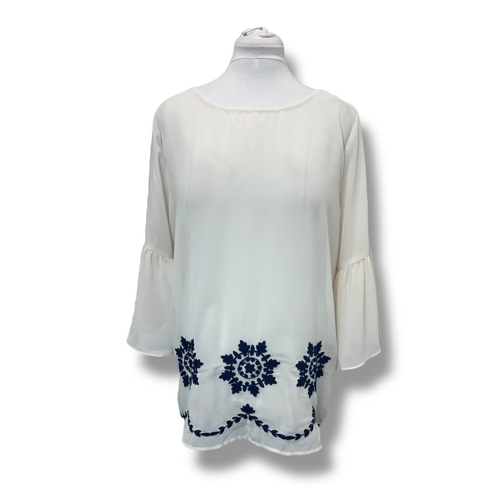 Umgee Women’s Sheer 3/4 Tulip Sleeve Boatneck Blouse Embroidered Ivory/Navy XL